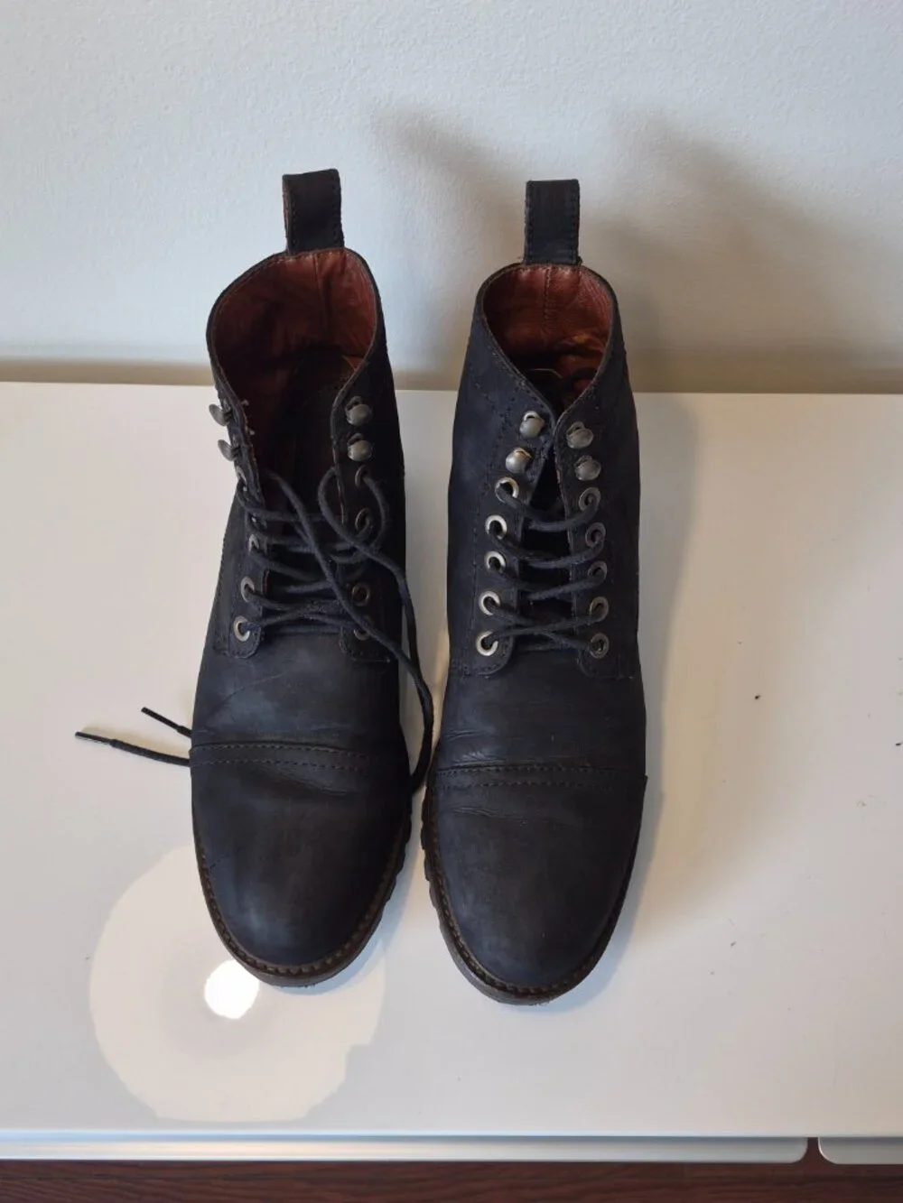 Patina Black Leather Lace Up Boots Men 9 Combat Cap Toe Lug Sole Made Mexico